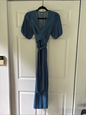 Old Navy Denim-Blue Puff Sleeve Wrap Maxi Dress
